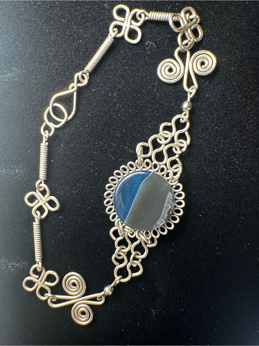 Boho, Gypsy, Silver Filigree Bracelet with Blue Stone